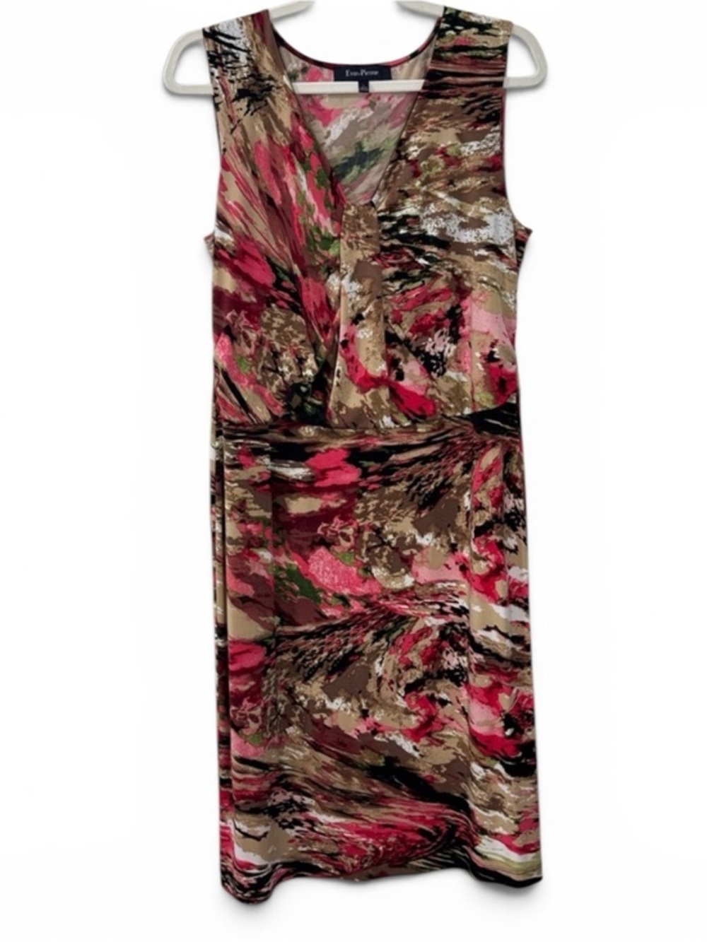 Evan Picone Sleeveless V-Neck Midi Dress in Pink and Brown Abstract Print - L
